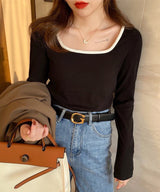 スクエアバイカラーリブロングTシャツ - jemiremi