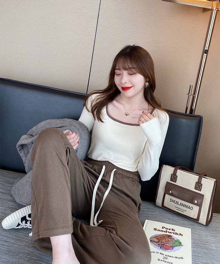 スクエアバイカラーリブロングTシャツ - jemiremi