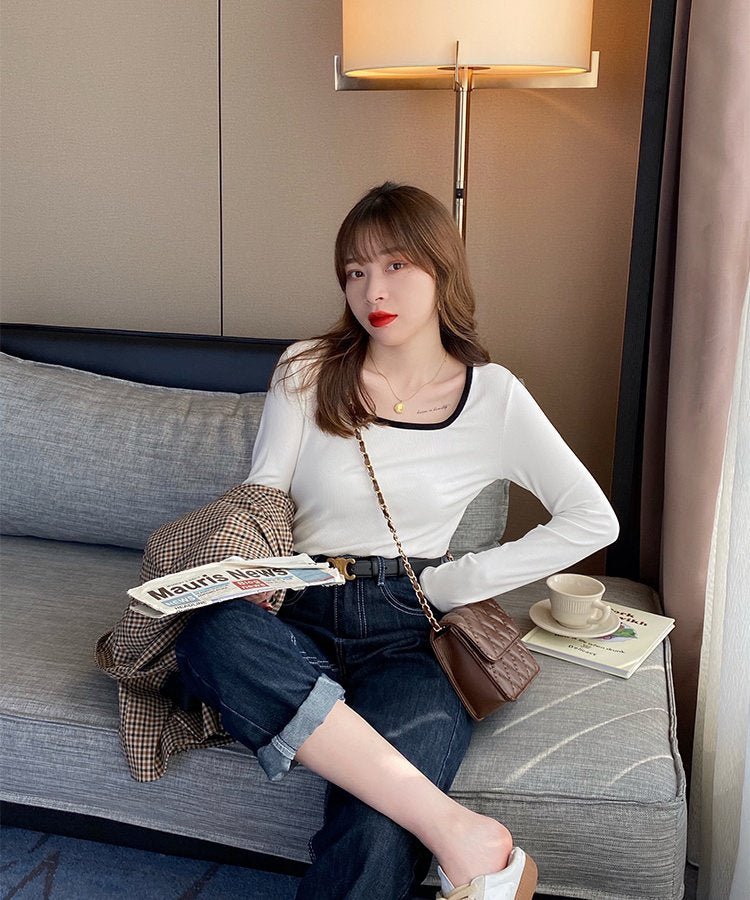 スクエアバイカラーリブロングTシャツ - jemiremi