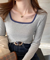 スクエアバイカラーリブロングTシャツ - jemiremi