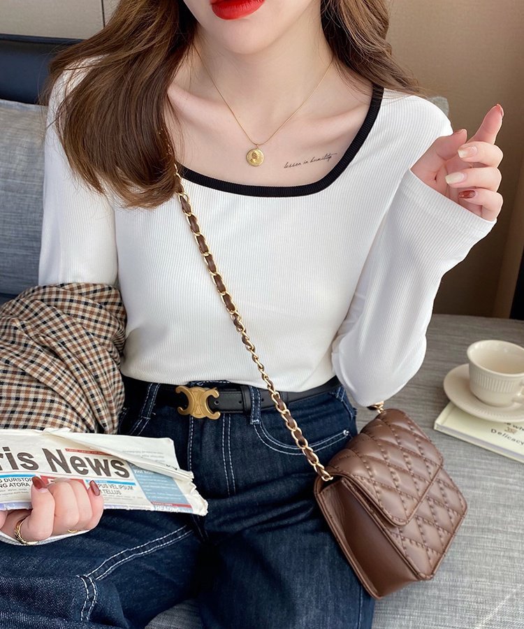 スクエアバイカラーリブロングTシャツ - jemiremi