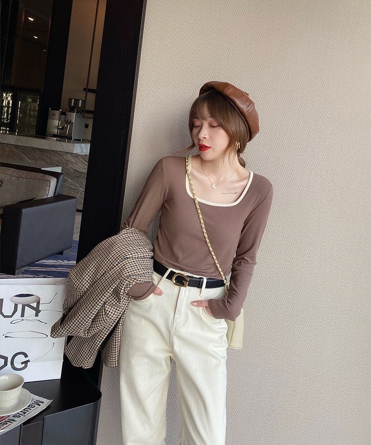 スクエアバイカラーリブロングTシャツ - jemiremi