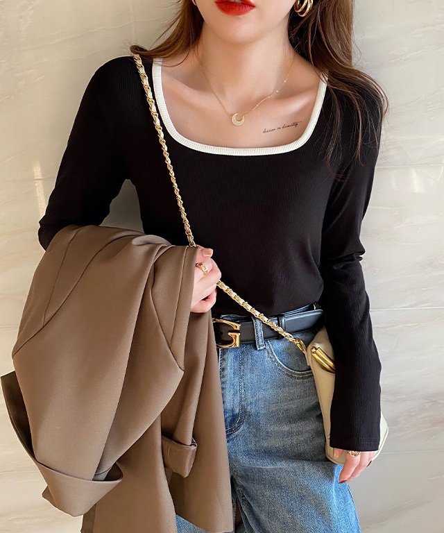 スクエアバイカラーリブロングTシャツ - jemiremi