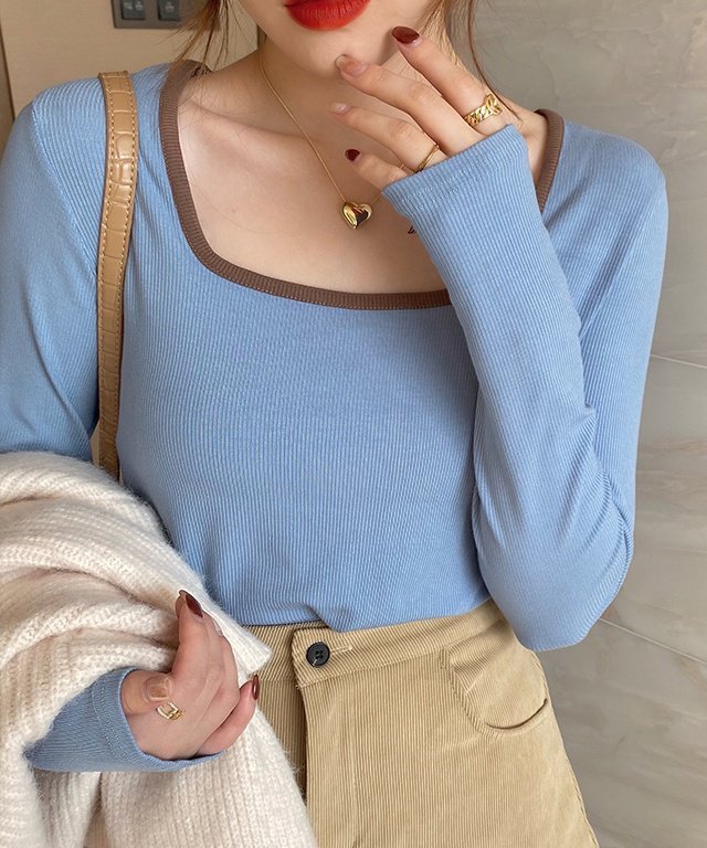 スクエアバイカラーリブロングTシャツ - jemiremi